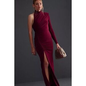 Misha Pauline Dress Wine Red One Shoulder Ruched Maxi Gown Long Sleeve
